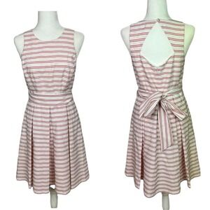 Nordstrom 1901 Fit and Flare Dress Sz 6 White Pink Pleated Back Cut Out Wide Tie